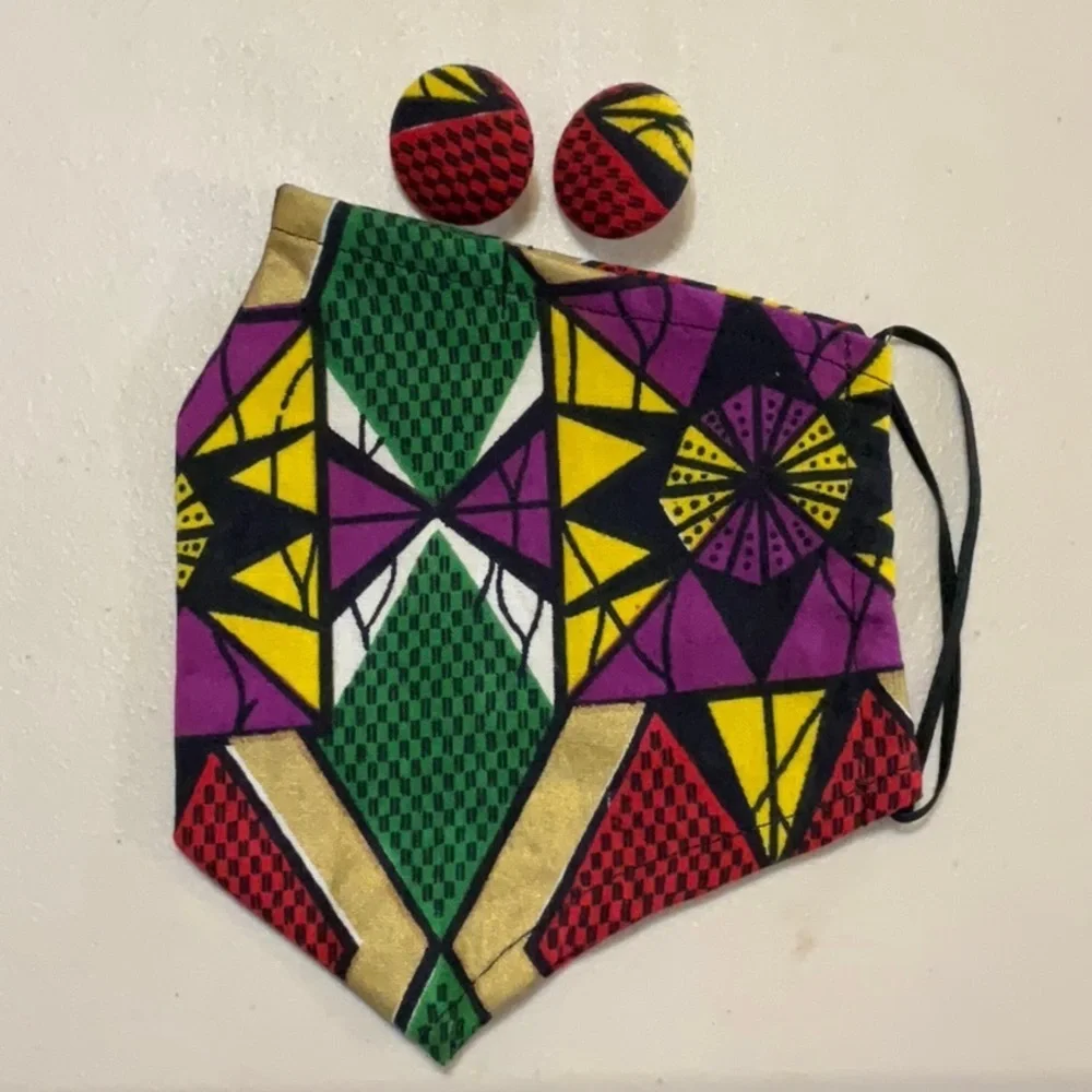 Hand Crafted Ankara African Print Face Mask and Button Earrings Purple Red Gold